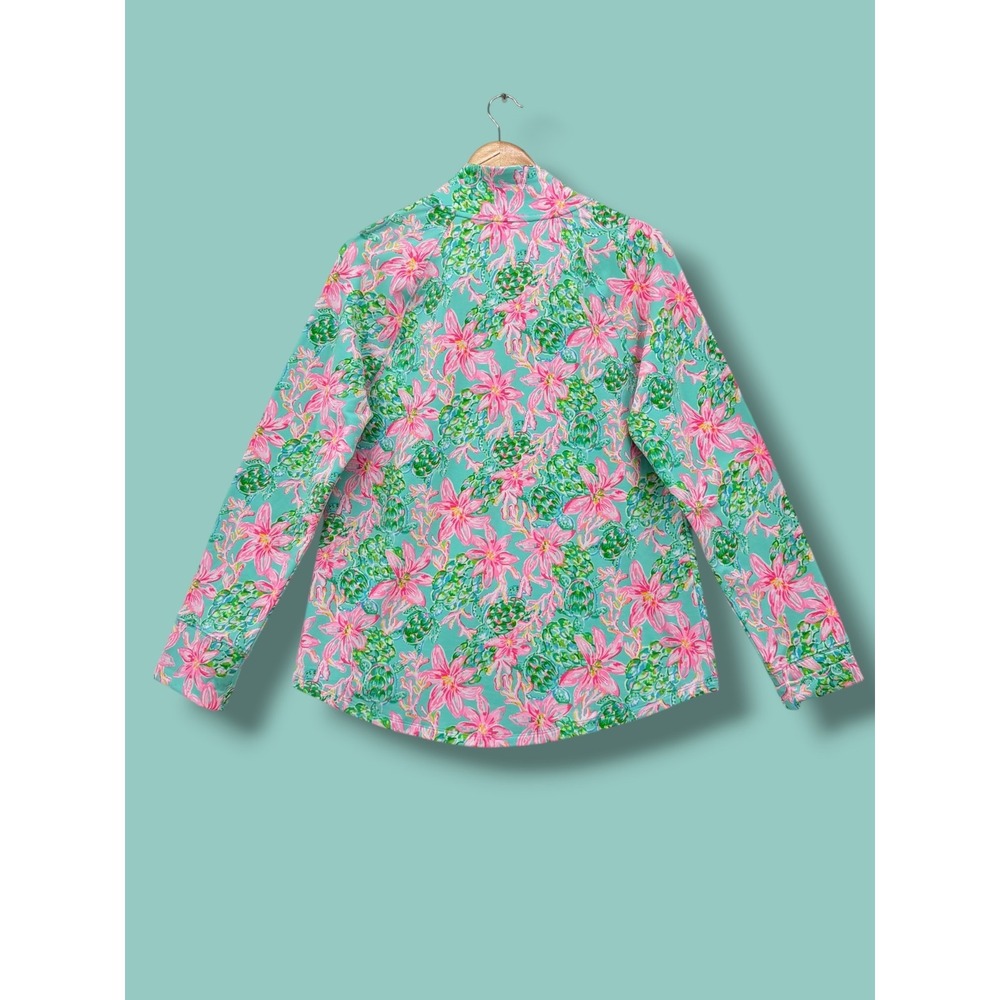 Lilly Pulitzer Skipper Popover Pink Green Turtle Floral Half Zip Pullover Medium - Picture 5 of 5